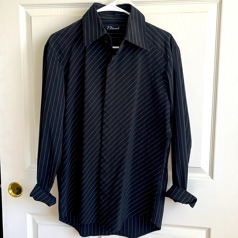 7 Diamonds Medium, black/white striped, long sleeved shirt.